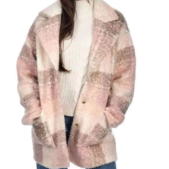 R D Style Shacket Size S Oversized Plaid Soft Boucle Neutral Colors Cabincore - Picture 1 of 9